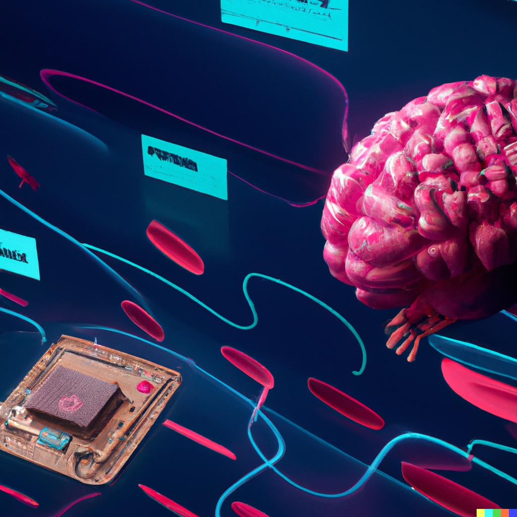 DALL·E prompt: a bright pink brain floating above a computer cpu chip next to a diabetes sugar monitor, digital art cgsociety artstation trending 4k